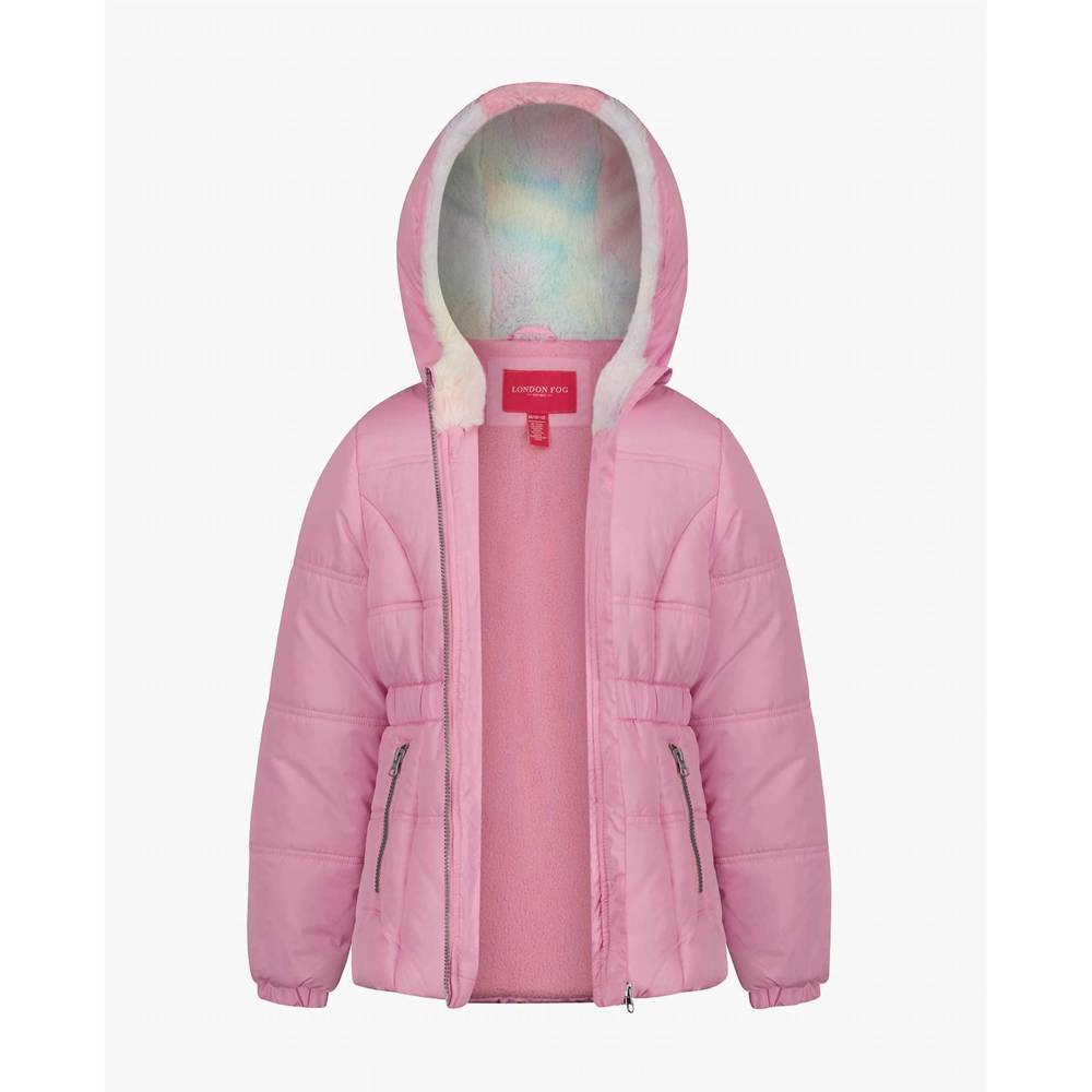 NEW LONDON FOG girls zip-front hooded mid cinch puffer jacket in light pink